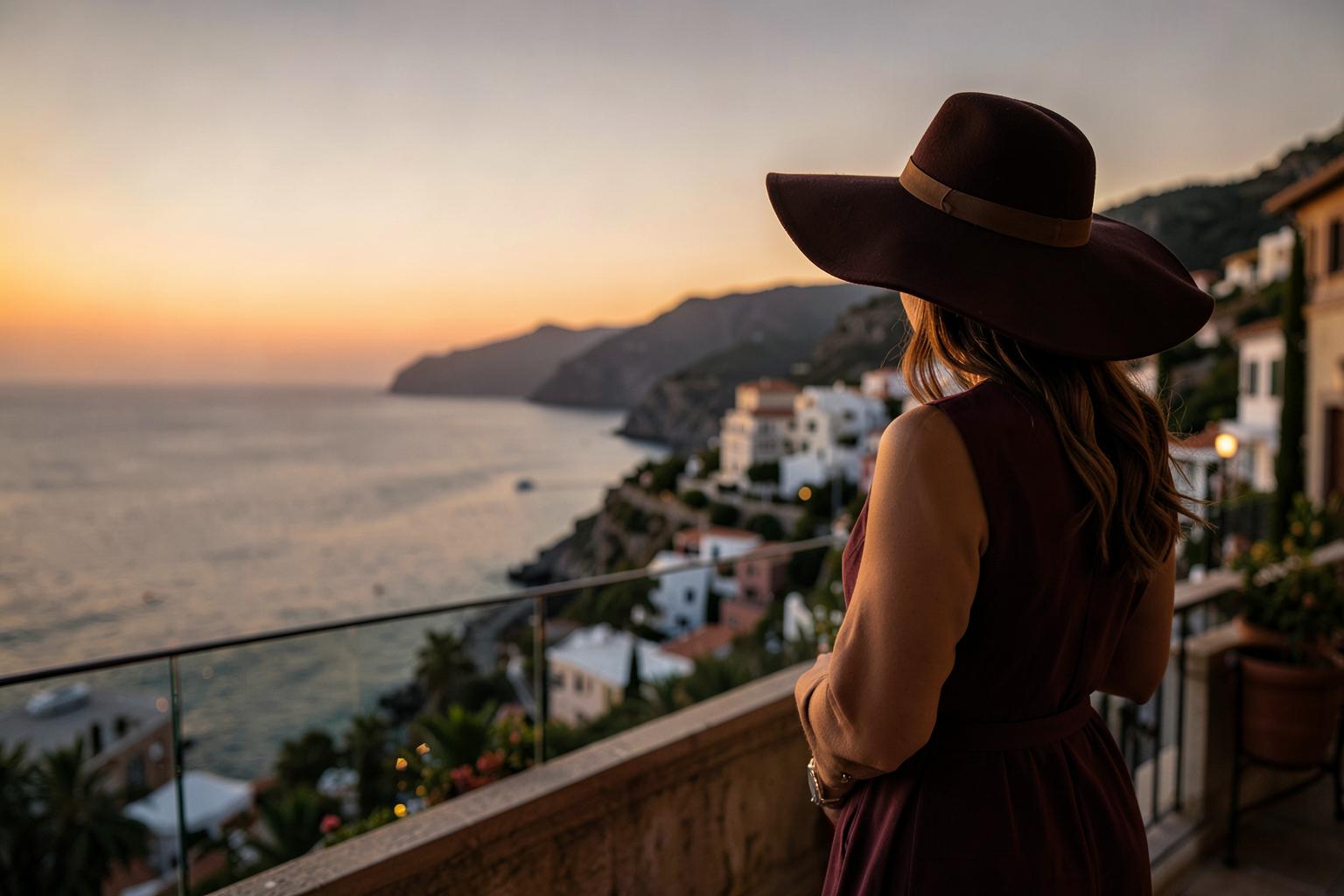 Voyageuse contemplant une côte méditerranéenne au coucher du soleil.