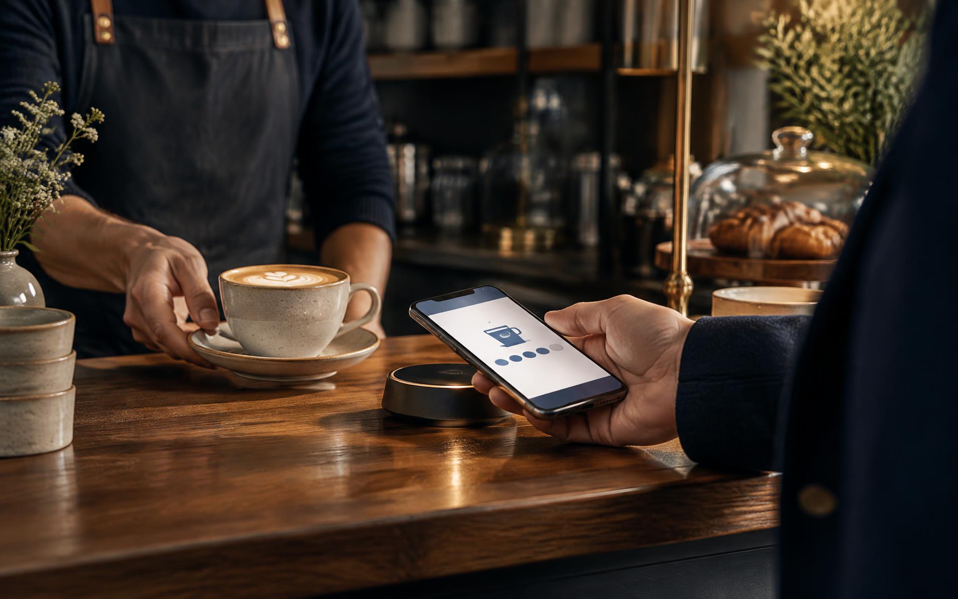 Une cliente approche sa carte de fidélité mobile d’un point de contact NFC au comptoir.