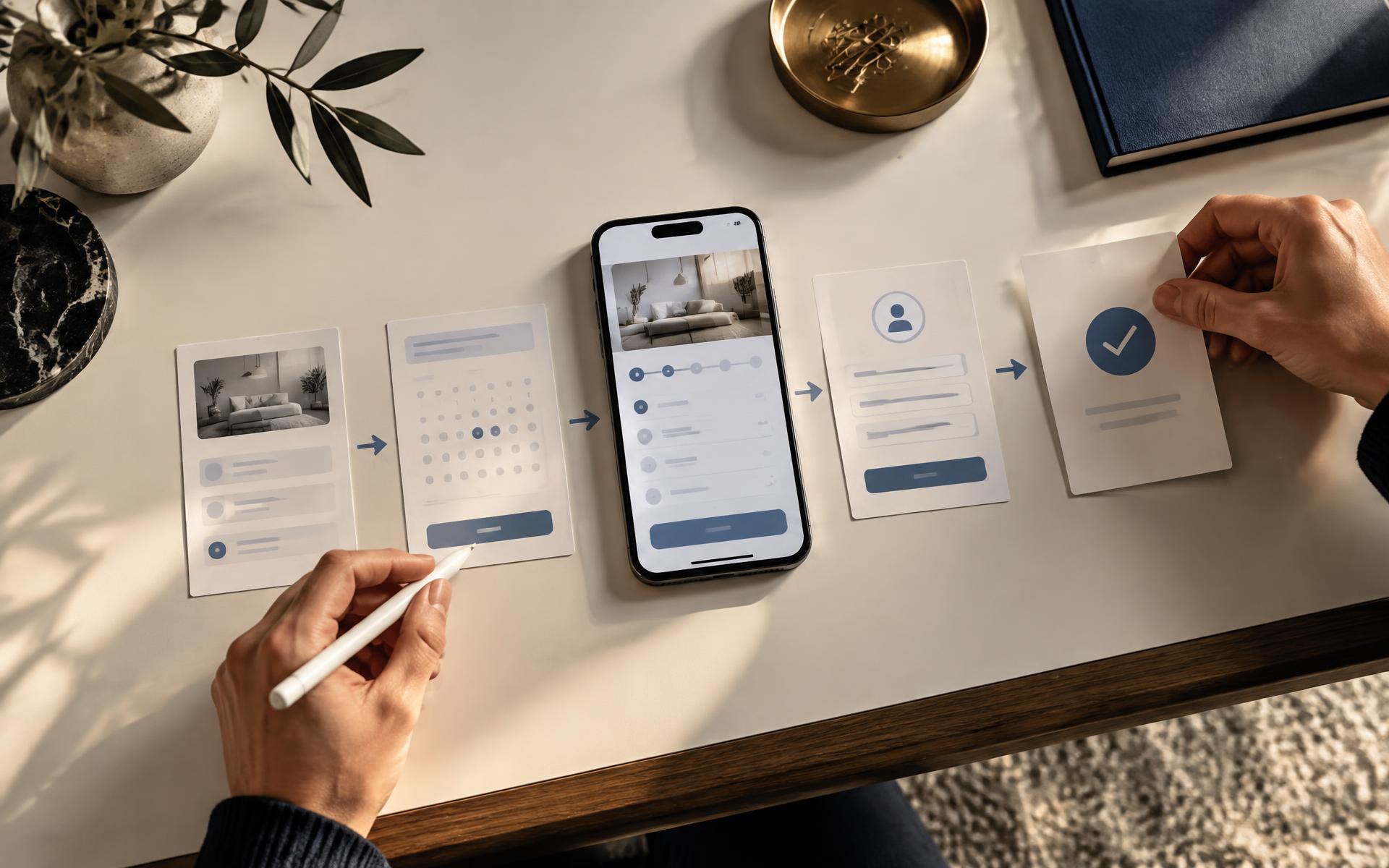 Un parcours mobile est simplifié étape par étape jusqu’à la confirmation d’un rendez-vous.