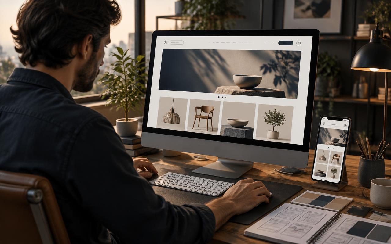 Designer créant un site e-commerce adapté à un ordinateur et à un téléphone.