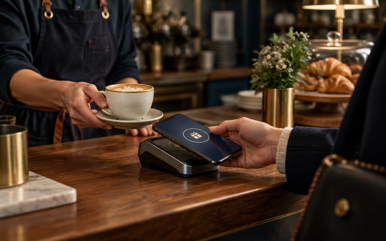 Cliente utilisant une carte de fidélité sur son téléphone au comptoir d’un café.