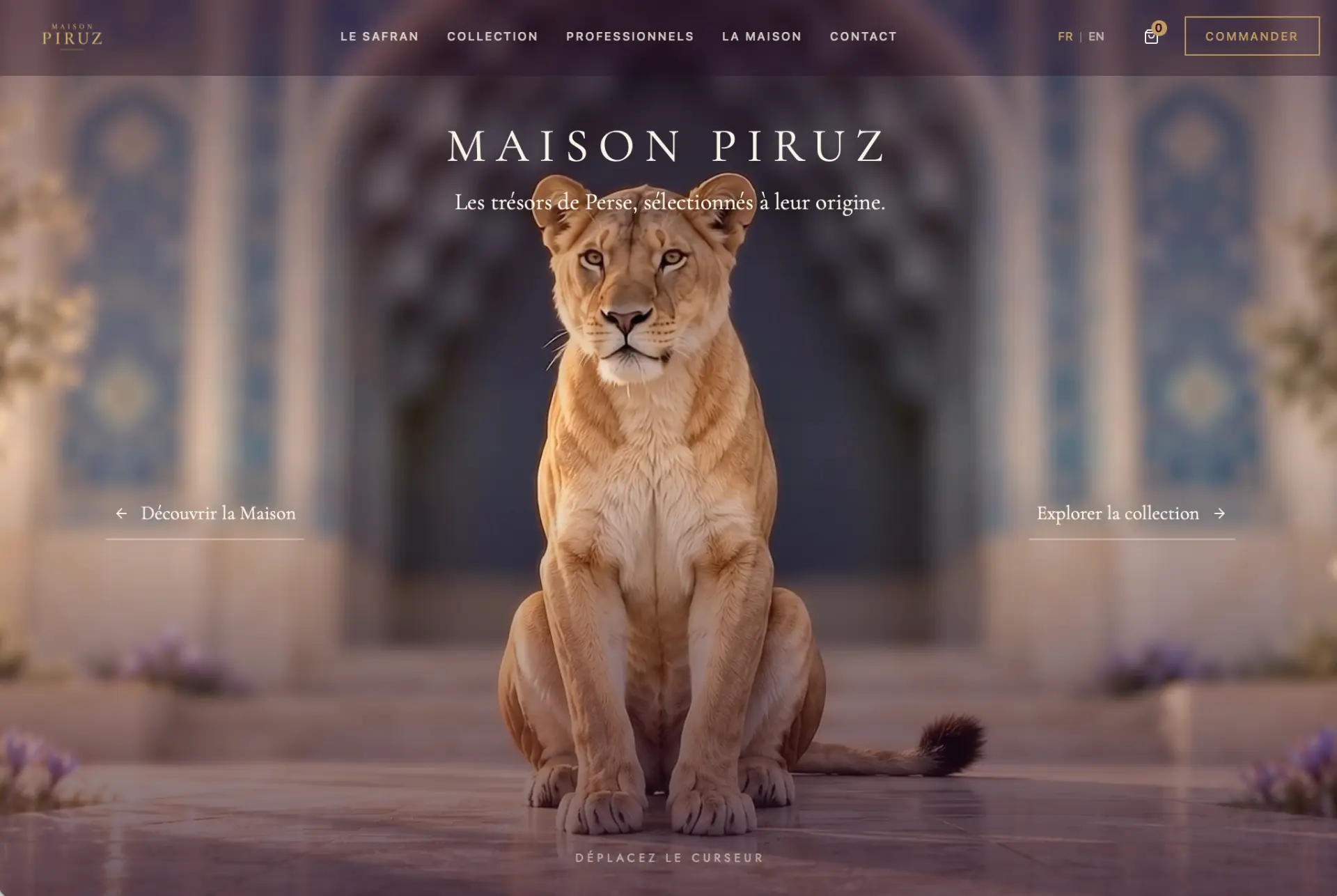 Page d’accueil Maison Piruz avec une lionne assise au centre et le nom de la maison.