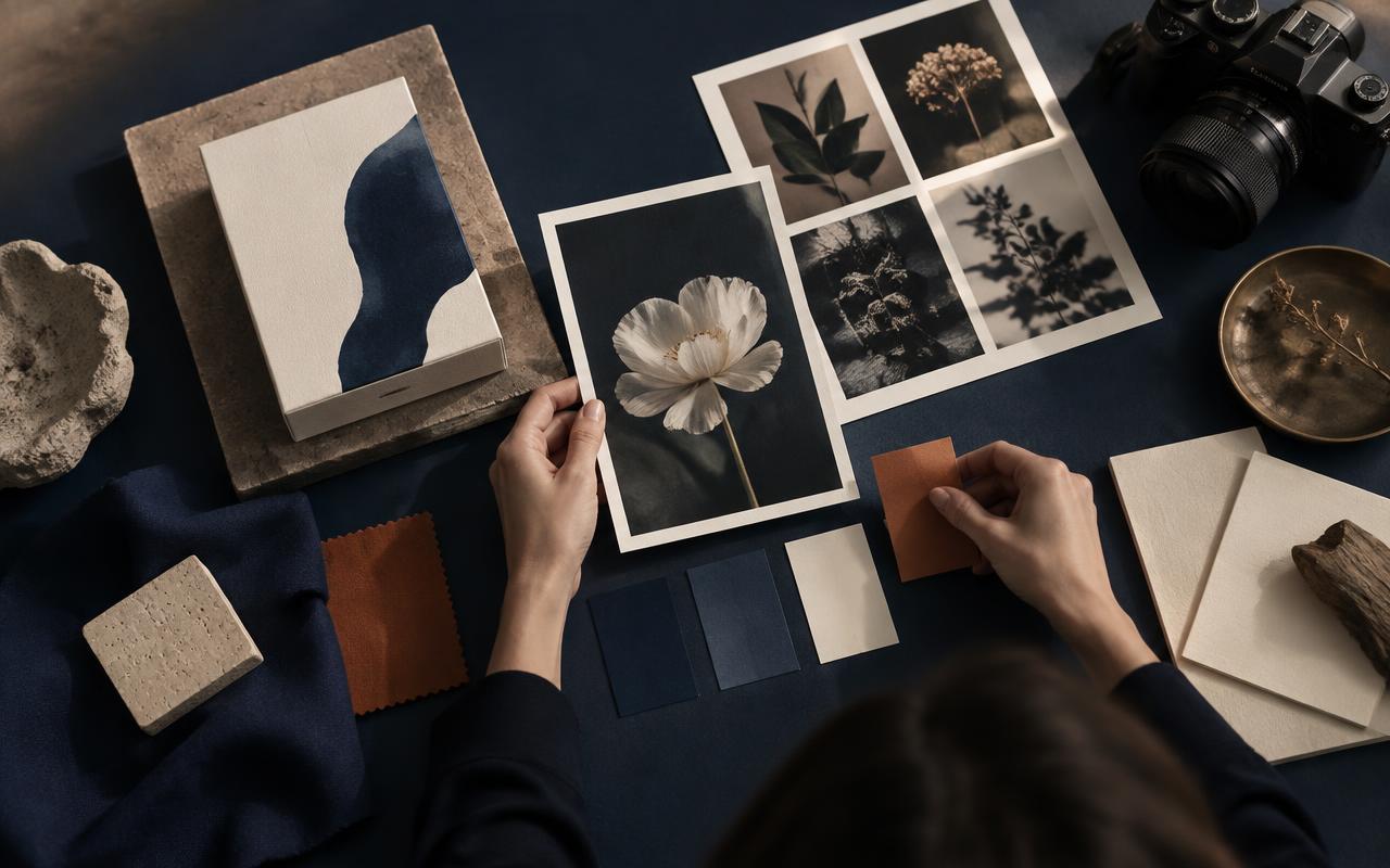Direction artistique réunissant photographie, couleurs et matières pour construire une identité visuelle.