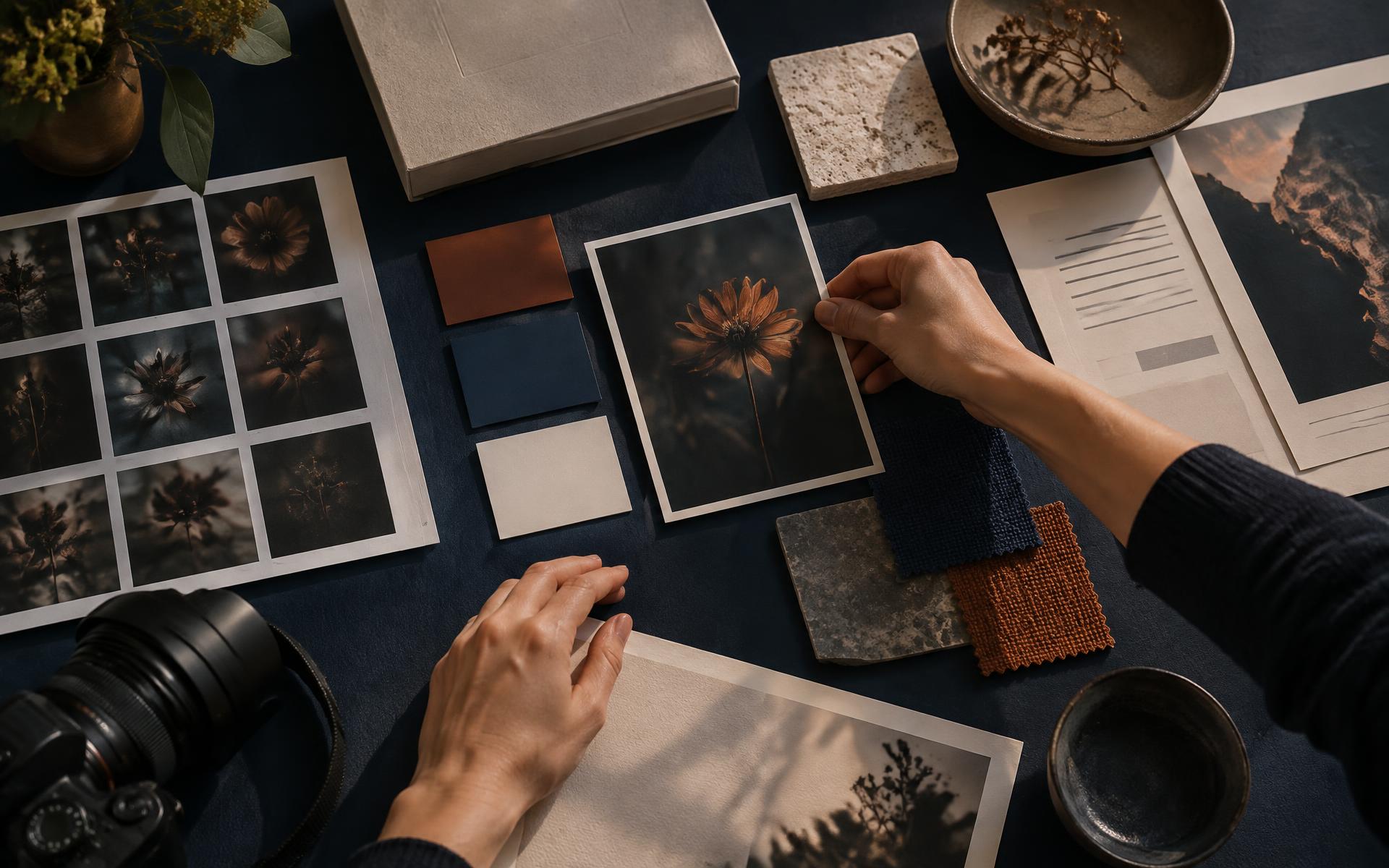Une directrice artistique assemble photographies, couleurs et matières en un univers visuel cohérent.