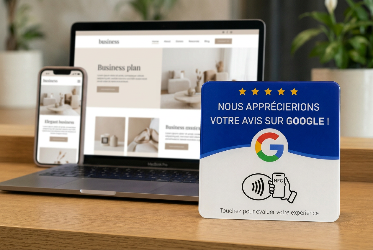 Ordinateur portable et smartphone affichant un site professionnel, à côté de la plaque NFC carrée TAPEN.
