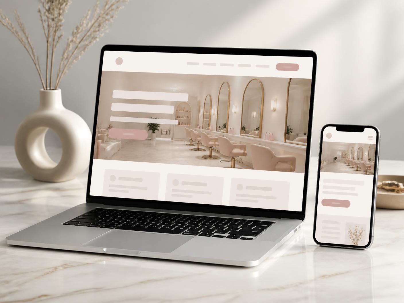 Exemple de design : site de salon de beauté affiché sur ordinateur portable et smartphone.