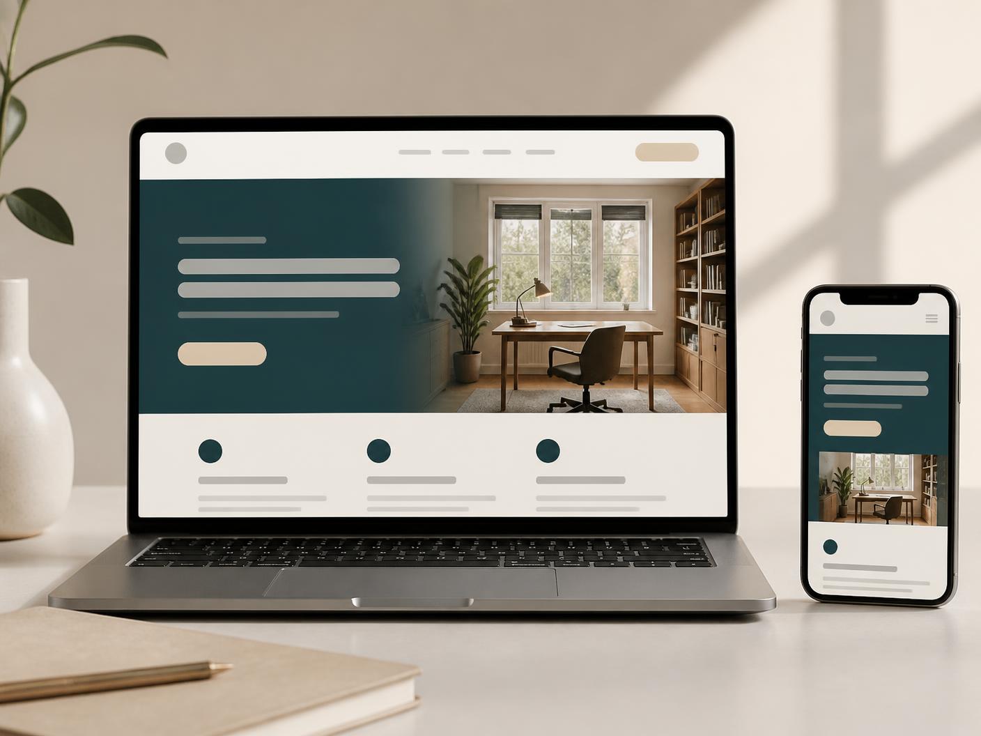 Exemple de design : site de consultant indépendant affiché sur ordinateur portable et smartphone.