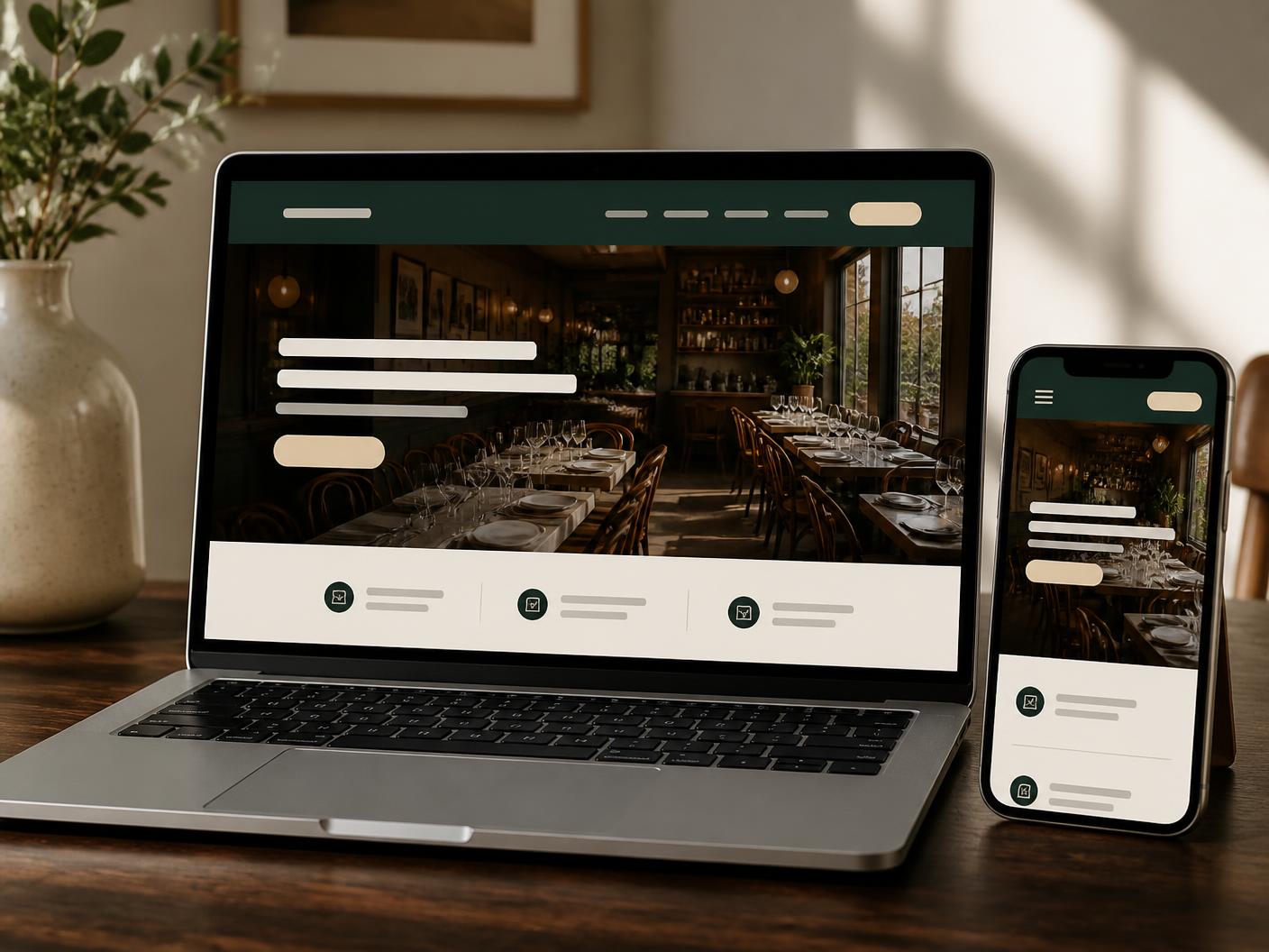 Exemple de design : site de restaurant affiché sur ordinateur portable et smartphone.