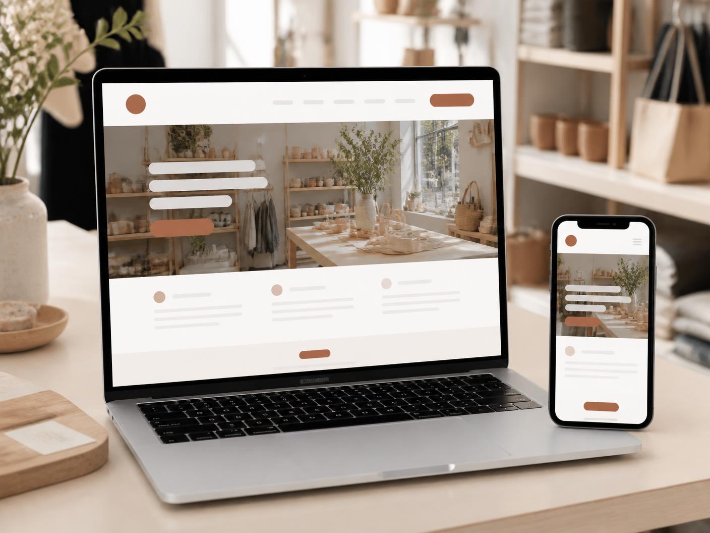 Exemple de design : site de boutique indépendante affiché sur ordinateur portable et smartphone.