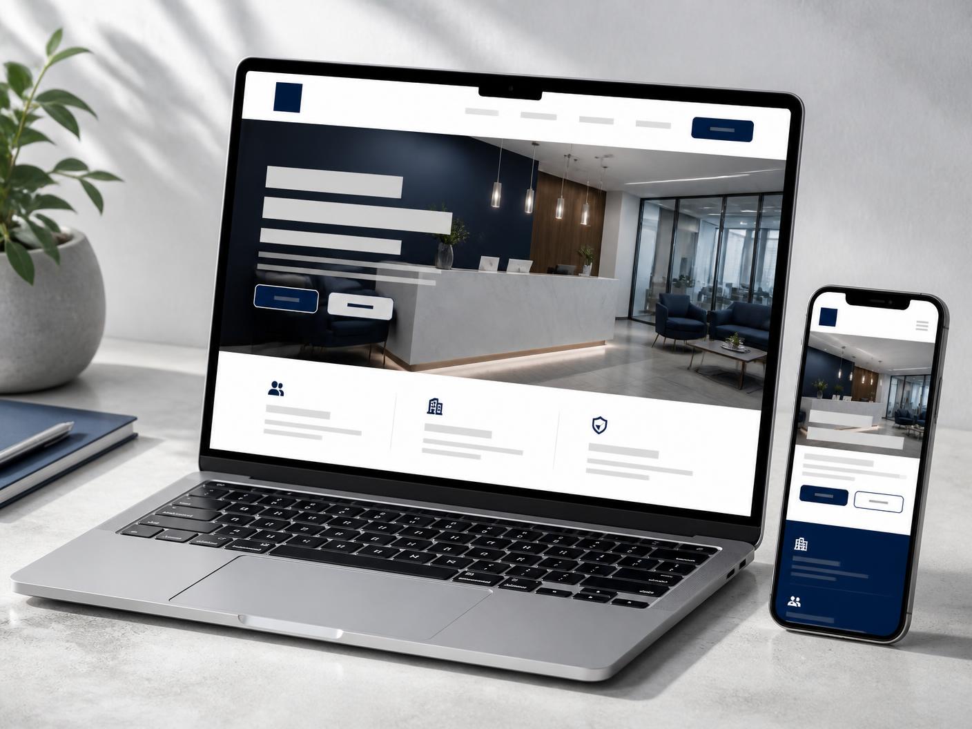 Exemple de design : site de cabinet professionnel affiché sur ordinateur portable et smartphone.