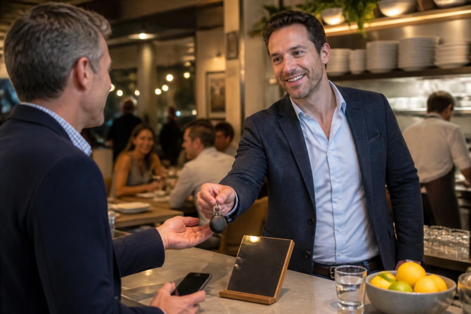 Rencontre souriante dans un restaurant à l’atmosphère chaleureuse.