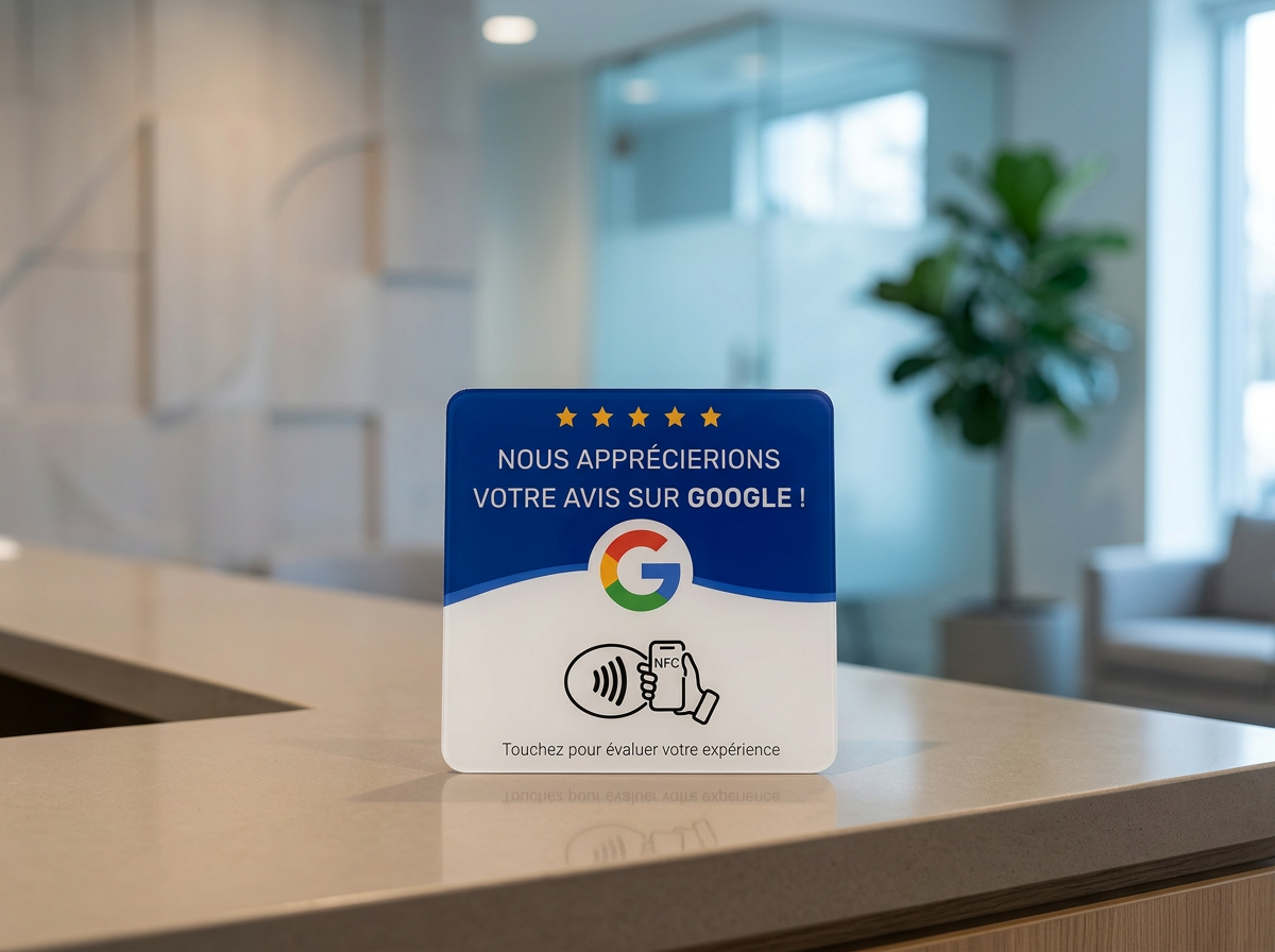Plaque NFC carrée posée sur le comptoir d'accueil d'un cabinet professionnel.