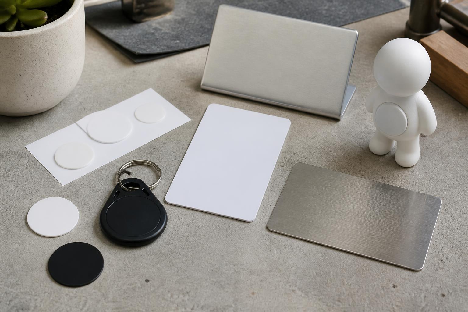 Gamme de supports NFC vierges en sticker, porte-clés, PVC, métal, plaque et figurine.