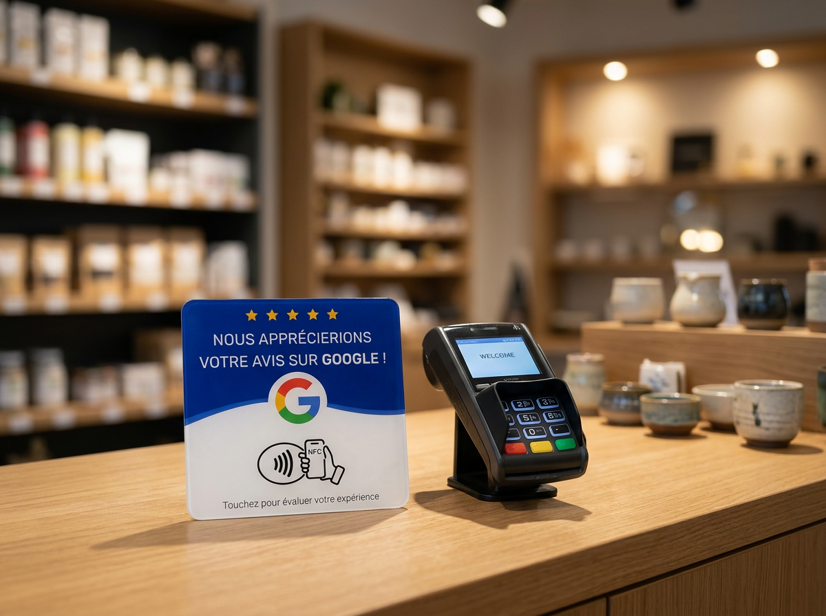 Plaque NFC carrée posée à côté du terminal de paiement sur le comptoir d'une boutique.