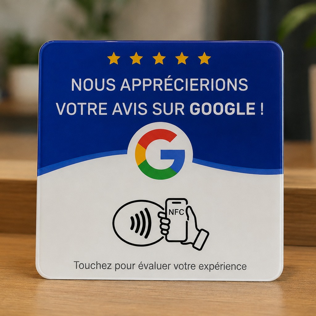 Plaque NFC TAPEN carrée à coins arrondis : haut bleu, cinq étoiles, logo Google, bas blanc avec symbole NFC.
