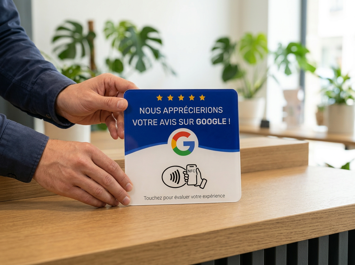 Deux mains posent la plaque NFC carrée debout sur un comptoir d'accueil en bois.