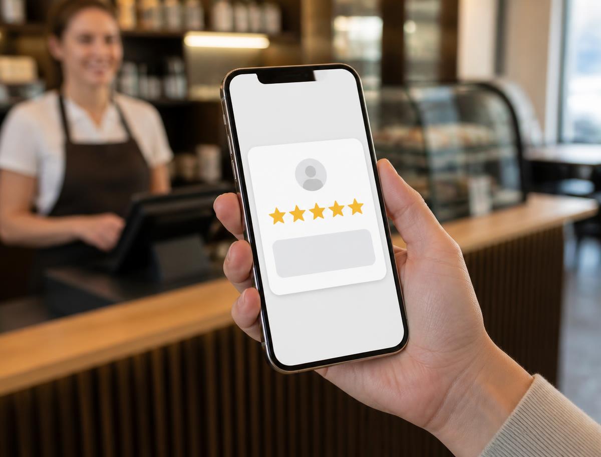 Smartphone tenu en main affichant une page d'avis avec cinq étoiles, comptoir de café en arrière-plan.